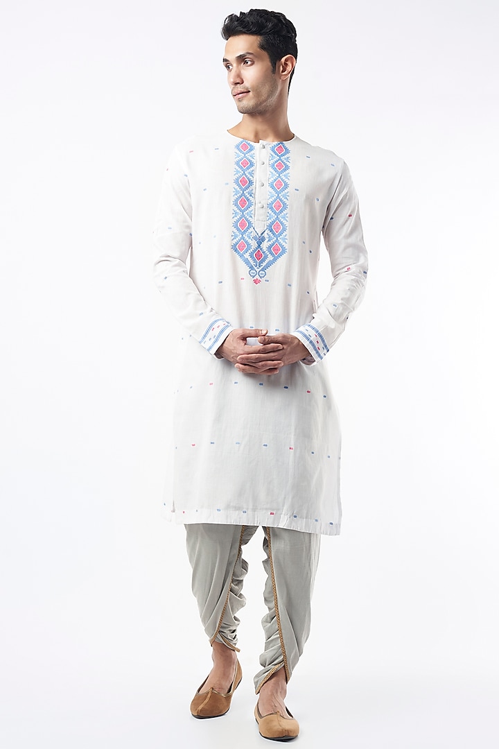 White Cotton Jamdani Kurta Set by Pranay Baidya Men