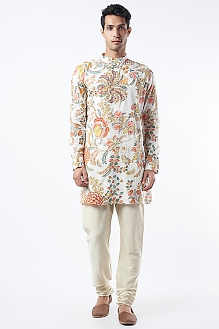 White Floral Printed Kurta Set by Pranay Baidya Men