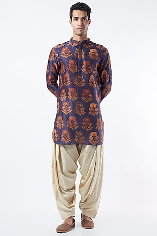 Blue Printed Kurta Set by Pranay Baidya Men