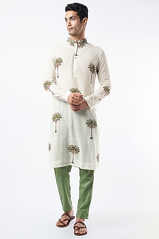 White Chanderi Floral Printed Kurta Set by Pranay Baidya Men