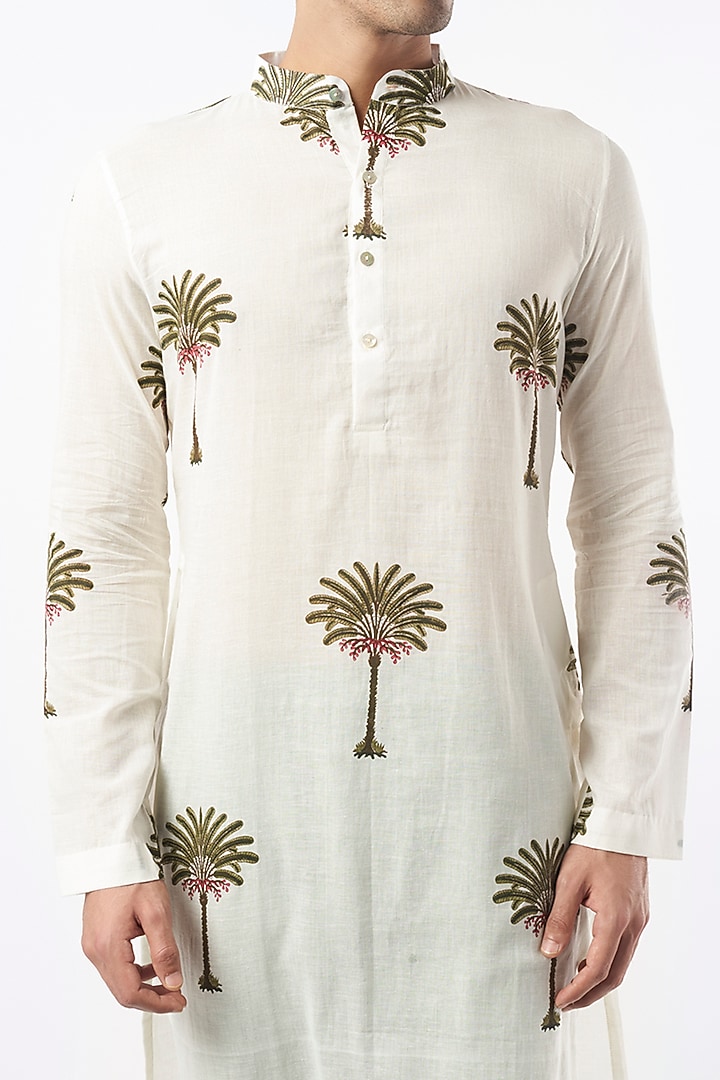 White Chanderi Floral Printed Kurta Set by Pranay Baidya Men at Pernia's Pop Up Shop