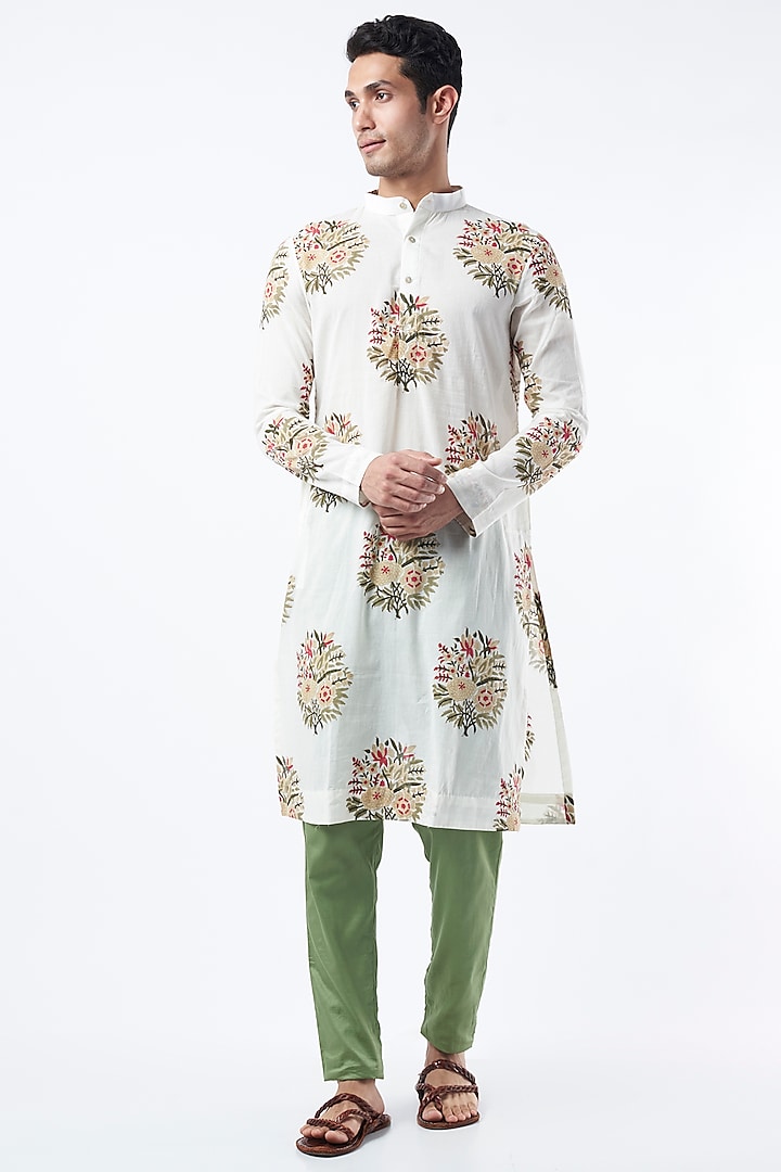 White Floral Printed Kurta Set In Cotton by Pranay Baidya Men