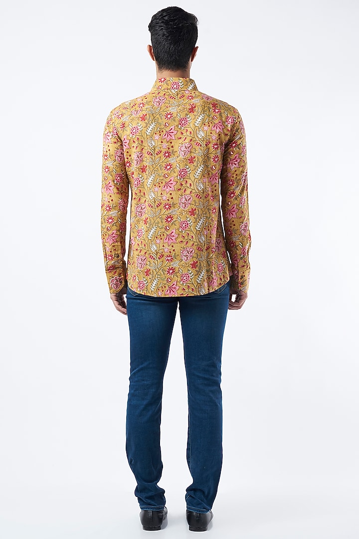 Mustard Printed Party Wear Shirt by Pranay Baidya Men at Pernia's Pop Up Shop
