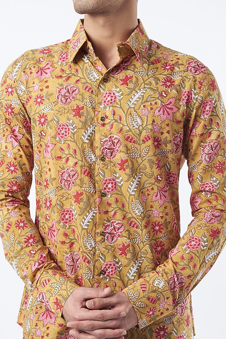 Mustard Printed Party Wear Shirt by Pranay Baidya Men at Pernia's Pop Up Shop