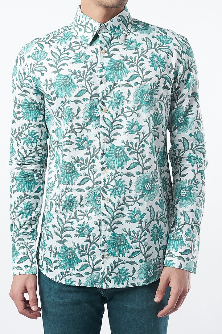 Turquoise Printed Party Wear Shirt by Pranay Baidya Men at Pernia's Pop Up Shop