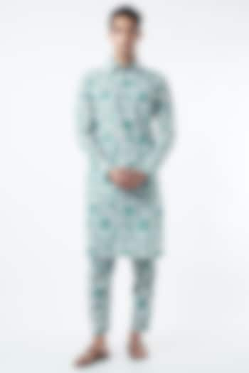 Turquoise Printed Kurta Set by Pranay Baidya Men