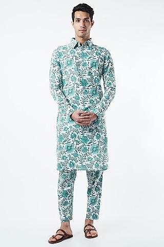Turquoise Printed Kurta Set by Pranay Baidya Men