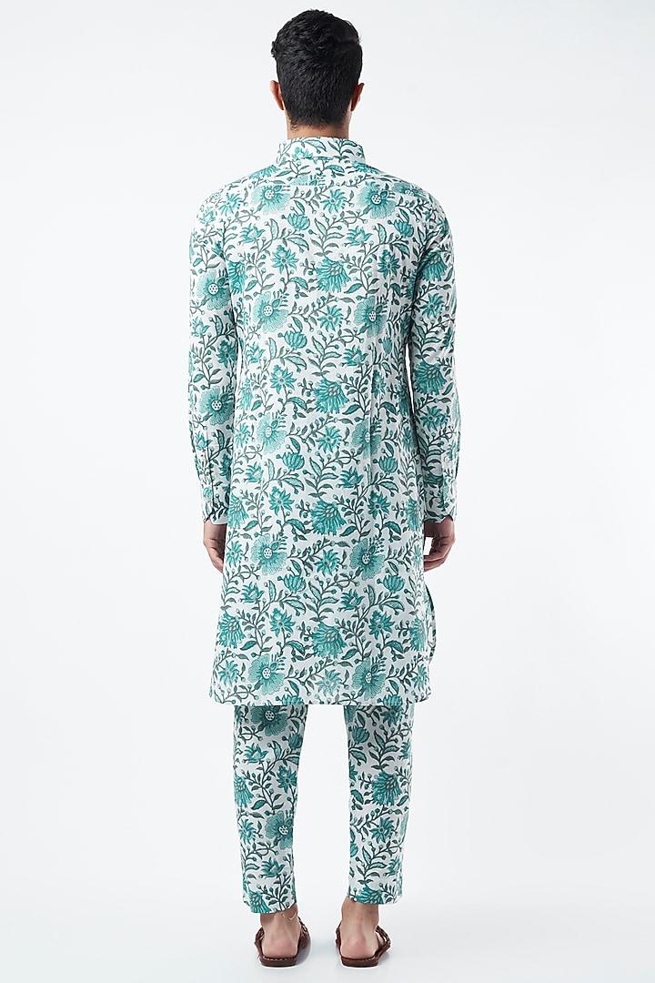 Turquoise Printed Kurta Set by Pranay Baidya Men at Pernia's Pop Up Shop