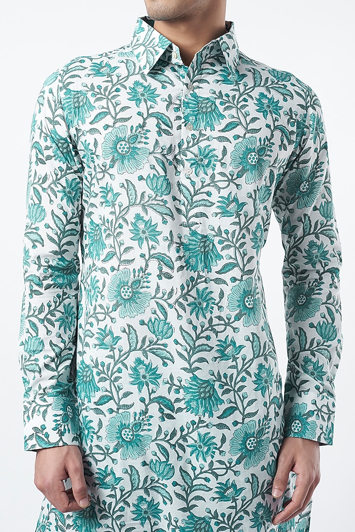Turquoise Printed Kurta Set by Pranay Baidya Men at Pernia's Pop Up Shop