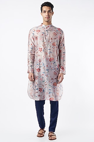 Light Mauve Chanderi Kurta Set by Pranay Baidya Men