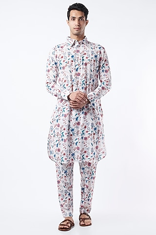 White & Blue Printed Kurta Set by Pranay Baidya Men