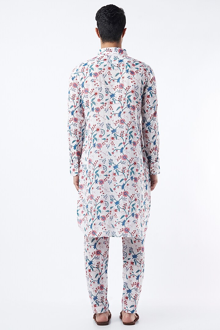 White & Blue Printed Kurta Set by Pranay Baidya Men at Pernia's Pop Up Shop