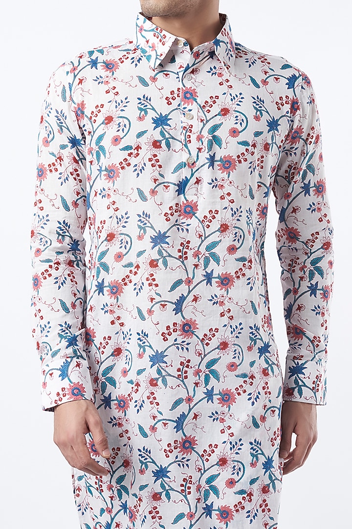 White & Blue Printed Kurta Set by Pranay Baidya Men at Pernia's Pop Up Shop