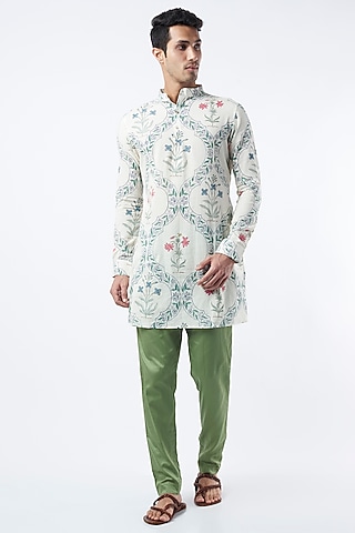 White & Green Printed Kurta Set by Pranay Baidya Men