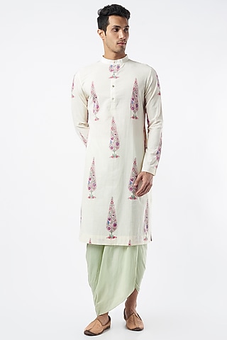 Ivory Cotton Printed Kurta Set by Pranay Baidya Men