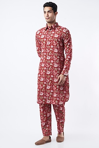 Red Printed Kurta Set by Pranay Baidya Men