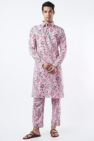 Pink Printed Kurta Set by Pranay Baidya Men