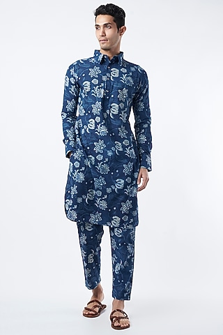 Navy Blue Printed Kurta Set by Pranay Baidya Men
