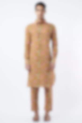 Mustard Yellow Printed Kurta Set by Pranay Baidya Men