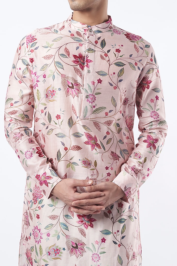Pink Chanderi Printed Kurta Set by Pranay Baidya Men at Pernia's Pop Up Shop