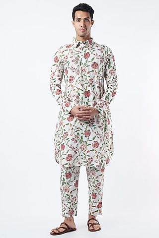 White Printed Kurta Set in Cotton by Pranay Baidya Men