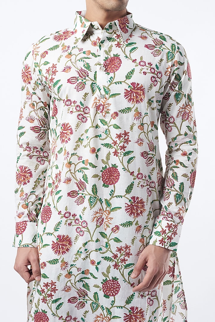 White Printed Kurta Set in Cotton by Pranay Baidya Men at Pernia's Pop Up Shop