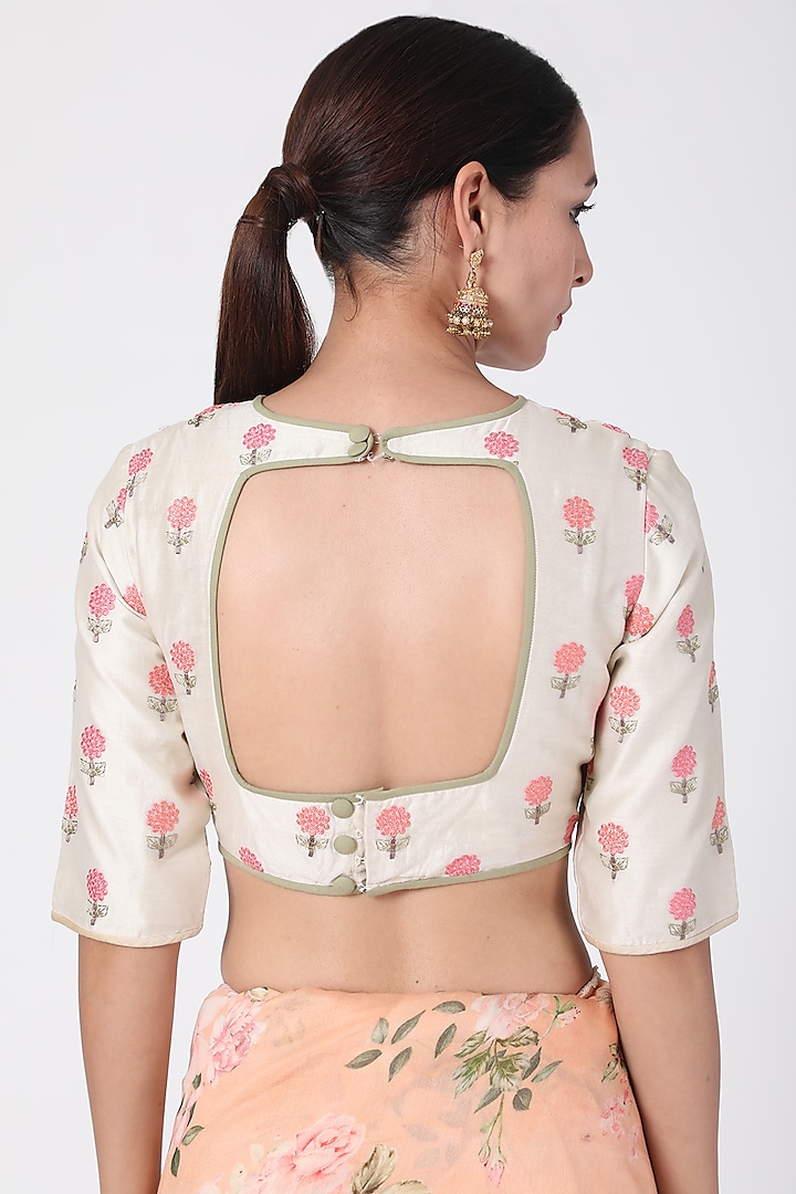 Pranay Baidya - White Dupion Silk Embroidered Floral Motifs V Neck Saree  Blouse For Women