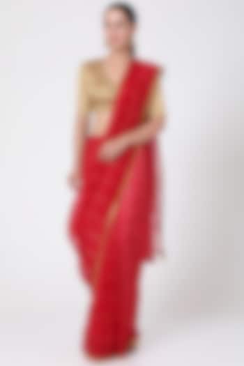 Red Organza & Tissue Saree by Pranay Baidya