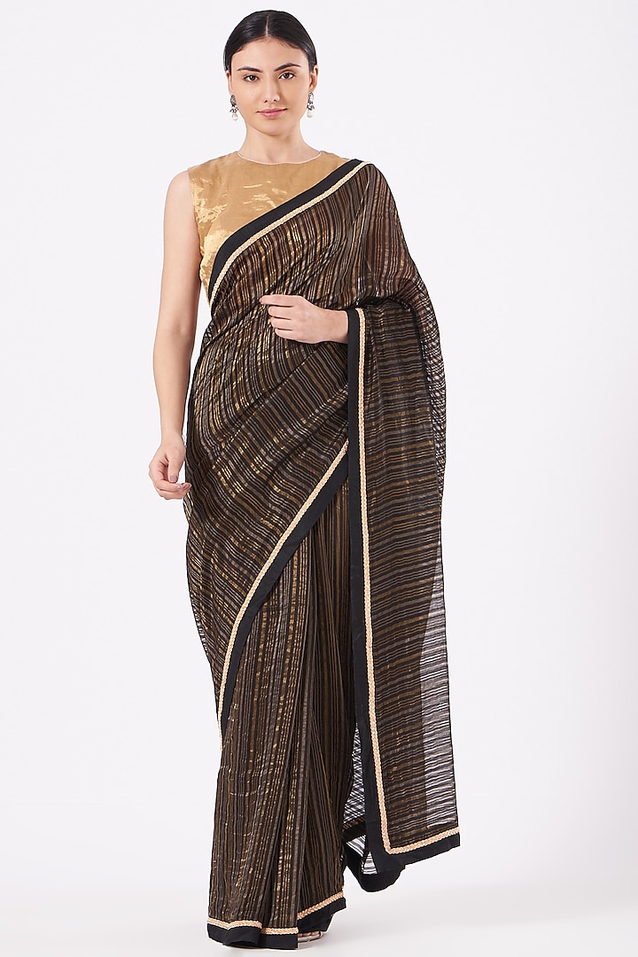 Black Striped Saree With Lace by Pranay Baidya