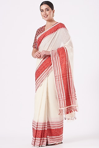 Ivory and Red Begumpuri Bengal Cotton Saree by Pranay Baidya