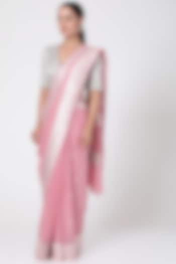 Dusty Pink Saree With Zari Border by Pranay Baidya