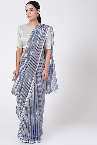 Cerulean Blue Saree With Zari Lace by Pranay Baidya