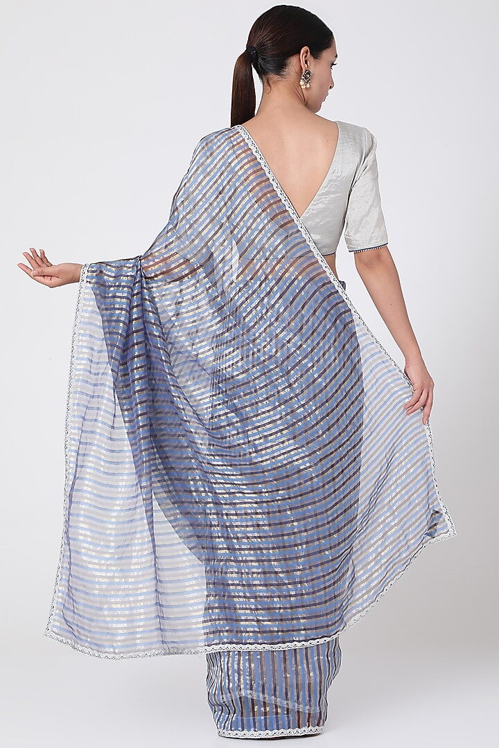 Cerulean Blue Party Wear Saree With Zari Lace by Pranay Baidya at Pernia's Pop Up Shop