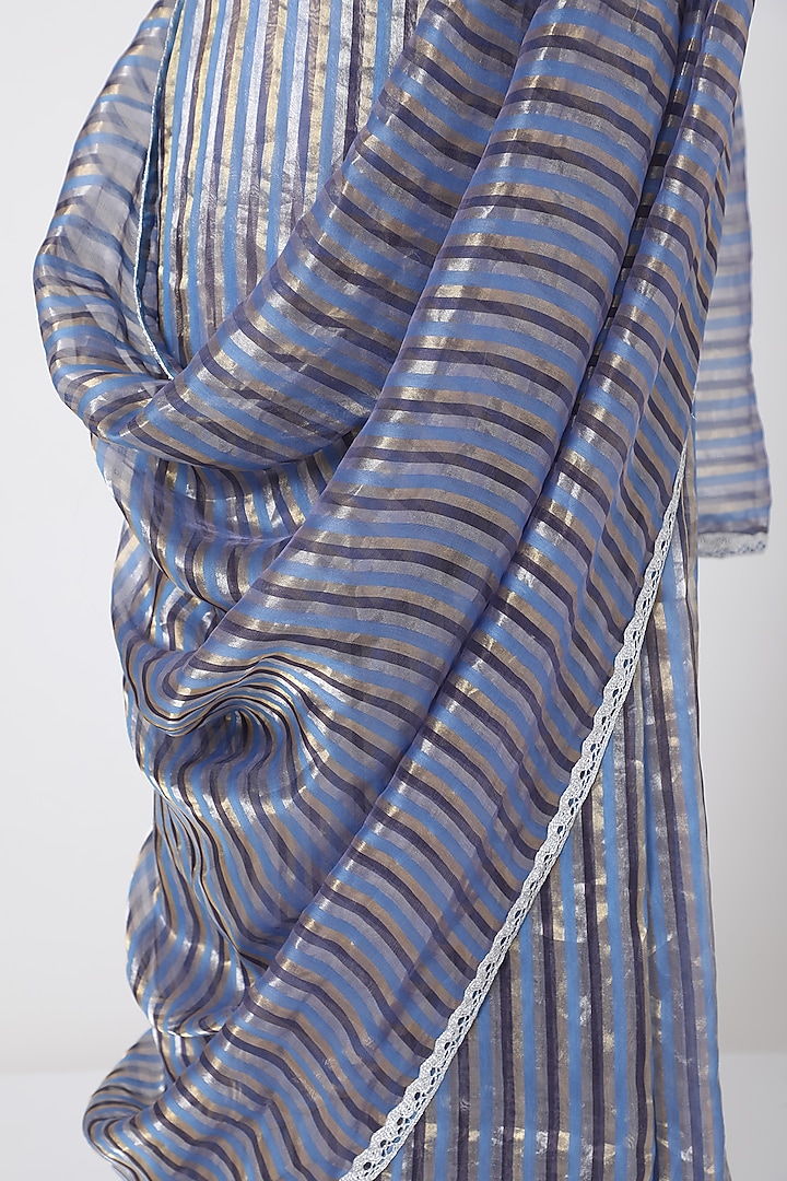 Cerulean Blue Party Wear Saree With Zari Lace by Pranay Baidya at Pernia's Pop Up Shop
