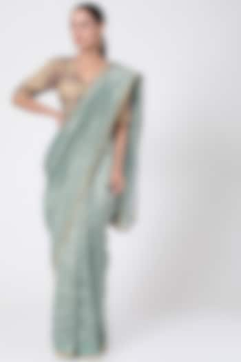 Dark Mint Green Striped Saree by Pranay Baidya