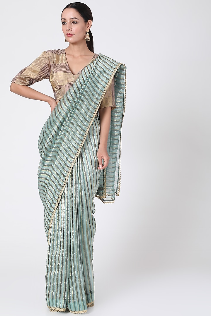 Dark Mint Green Striped Saree by Pranay Baidya at Pernia's Pop Up Shop