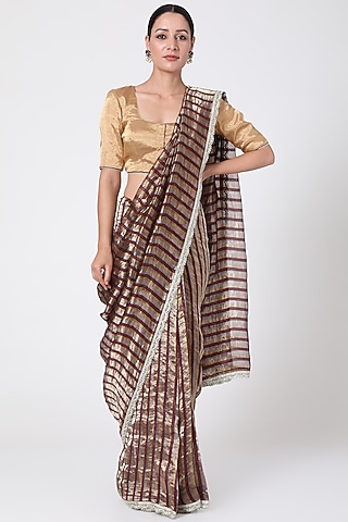 Dark Brown Striped Saree With Zari Edging by Pranay Baidya