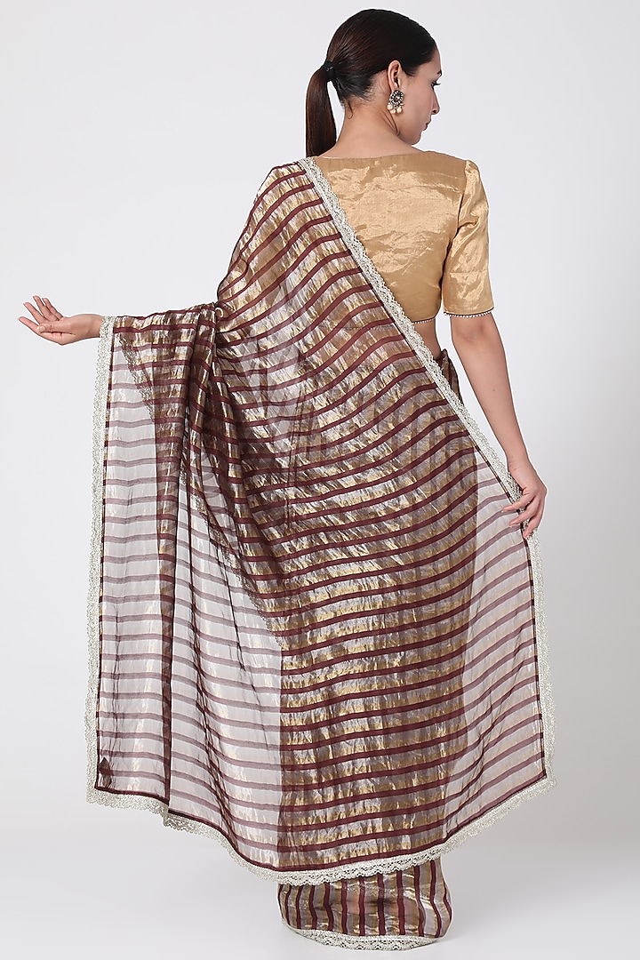 Dark Brown Striped Saree With Zari Edging Design by Pranay Baidya