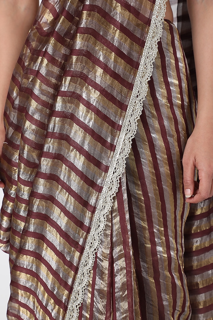 Dark Brown Striped Party Wear Saree With Zari Edging by Pranay Baidya at Pernia's Pop Up Shop