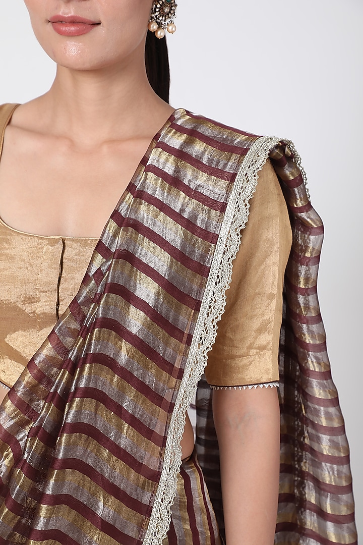 Dark Brown Striped Party Wear Saree With Zari Edging by Pranay Baidya at Pernia's Pop Up Shop