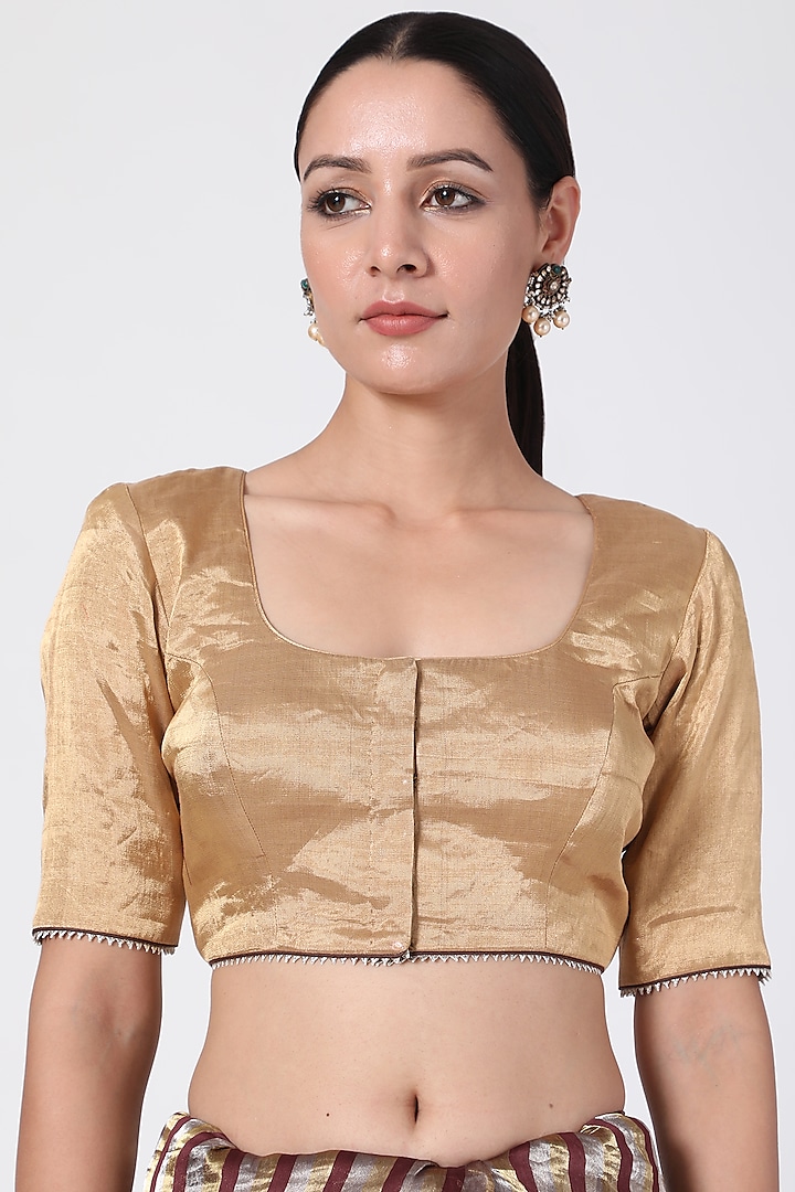 Golden Blouse With Brown Lace by Pranay Baidya