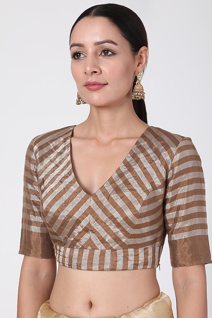 Antique Golden & Silver Striped Blouse by Pranay Baidya