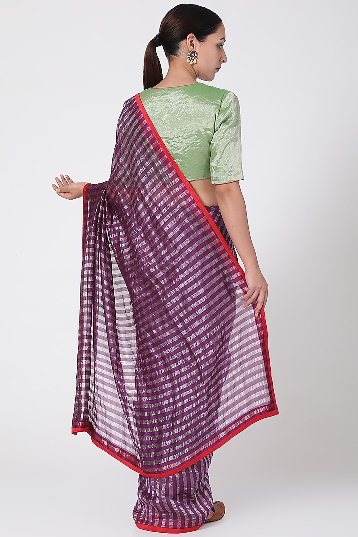 Purple & Gold Striped Party Wear Saree by Pranay Baidya at Pernia's Pop Up Shop