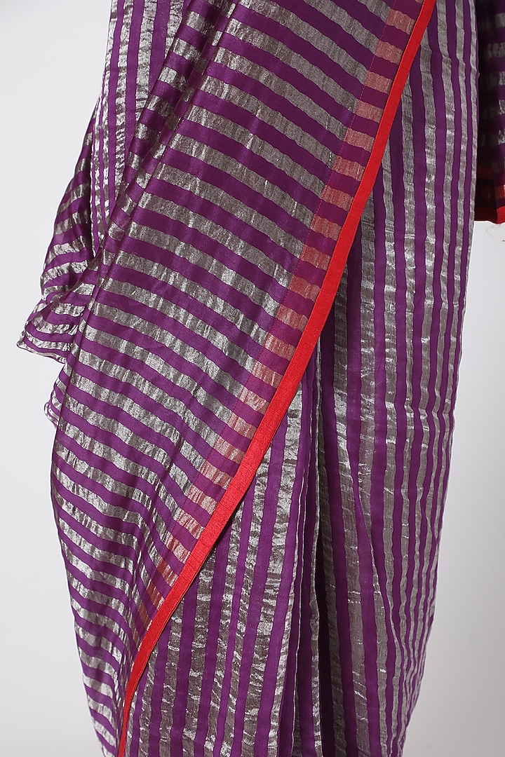 Purple & Gold Striped Party Wear Saree by Pranay Baidya at Pernia's Pop Up Shop