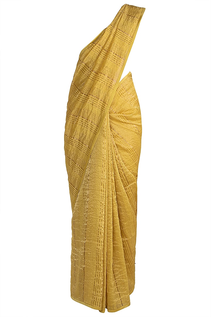Golden Yellow Striped Saree by Pranay Baidya