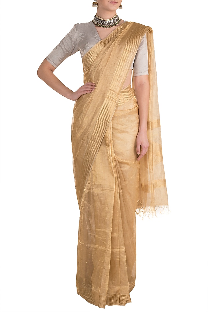 Golden Metallic Party Wear Saree by Pranay Baidya at Pernia's Pop Up Shop