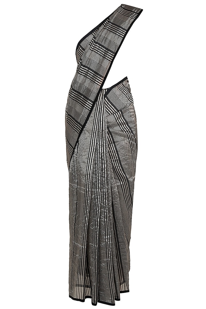 Black & Silver Striped Saree by Pranay Baidya