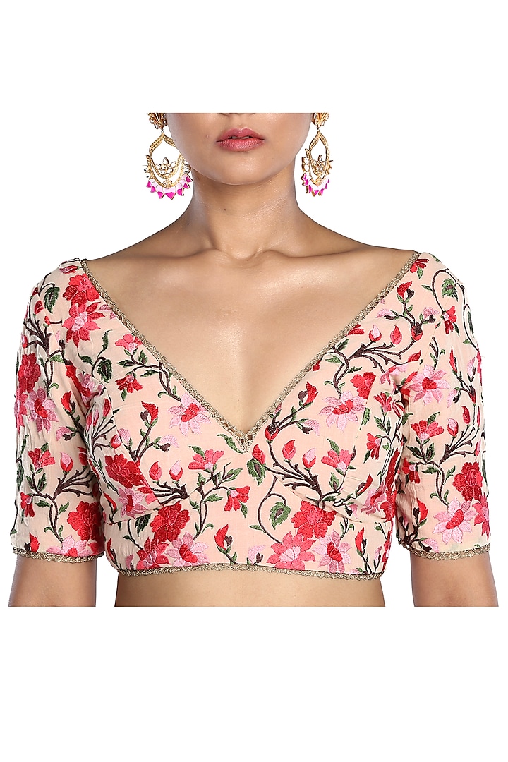 Light Pink Floral Embroidered BLouse by Pranay Baidya