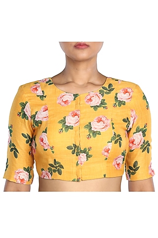 Yellow Printed Linen Blouse by Pranay Baidya