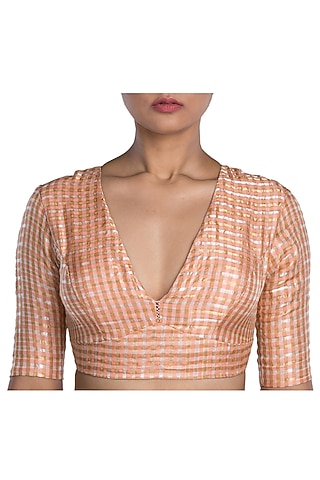 Light Orange Brocade Striped Blouse by Pranay Baidya